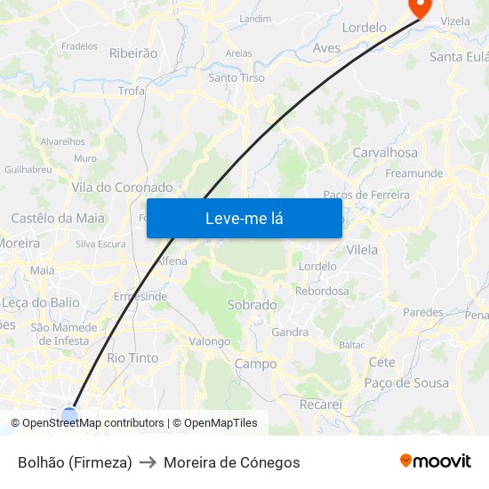 Bolhão (Firmeza) to Moreira de Cónegos map
