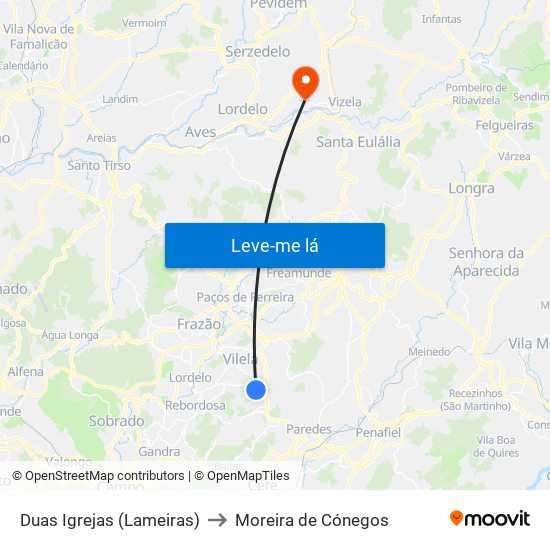 Duas Igrejas (Lameiras) to Moreira de Cónegos map