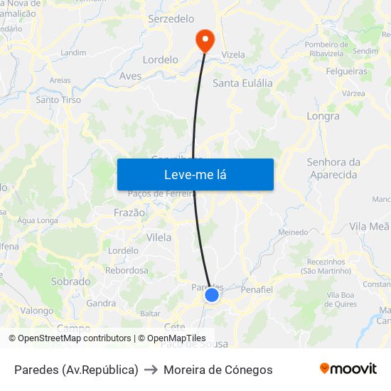 Paredes (Av.República) to Moreira de Cónegos map