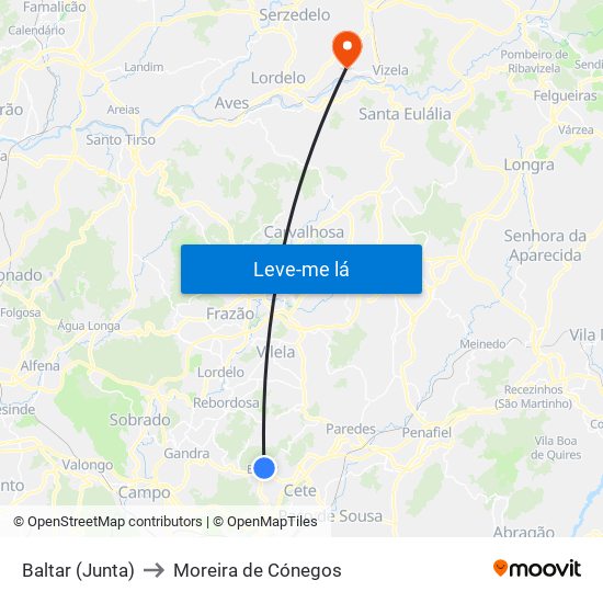 Baltar (Junta) to Moreira de Cónegos map