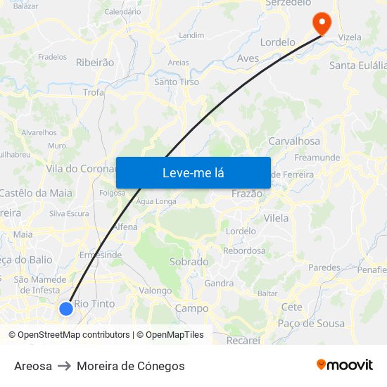 Areosa to Moreira de Cónegos map