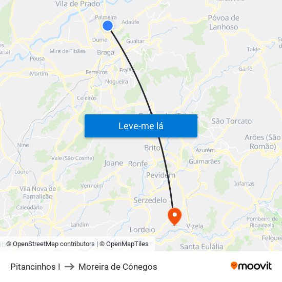Pitancinhos I to Moreira de Cónegos map