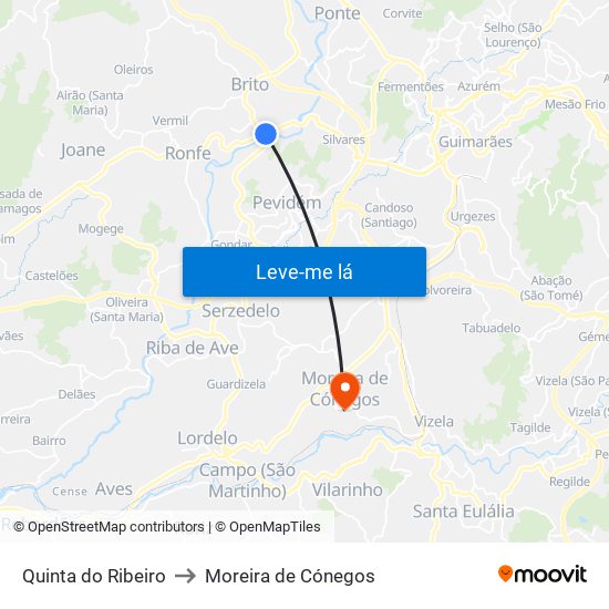 Quinta do Ribeiro to Moreira de Cónegos map