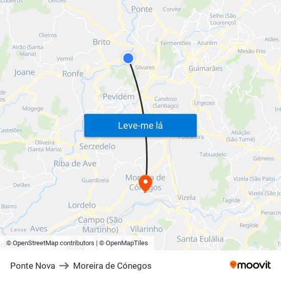 Ponte Nova to Moreira de Cónegos map
