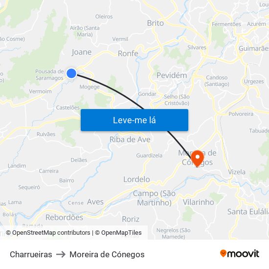 Charrueiras to Moreira de Cónegos map