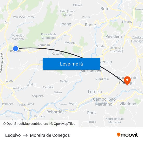 Esquivó to Moreira de Cónegos map