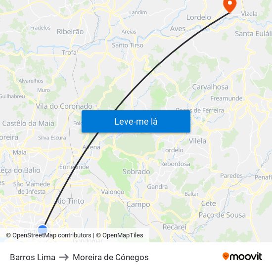 Barros Lima to Moreira de Cónegos map