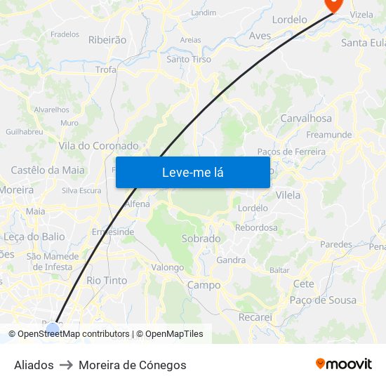 Aliados to Moreira de Cónegos map