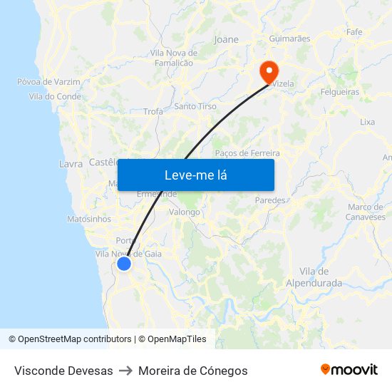 Visconde Devesas to Moreira de Cónegos map