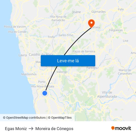 Egas Moniz to Moreira de Cónegos map