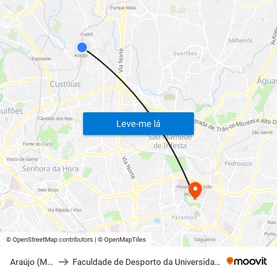 Araújo (Metro) to Faculdade de Desporto da Universidade do Porto map