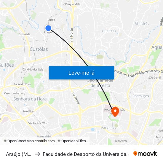 Araújo (Metro) to Faculdade de Desporto da Universidade do Porto map