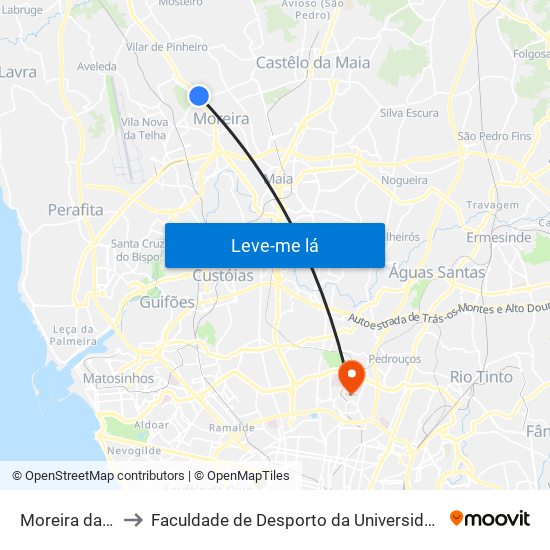 Moreira da Maia to Faculdade de Desporto da Universidade do Porto map