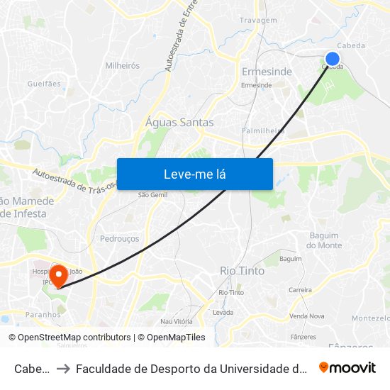 Cabeda to Faculdade de Desporto da Universidade do Porto map