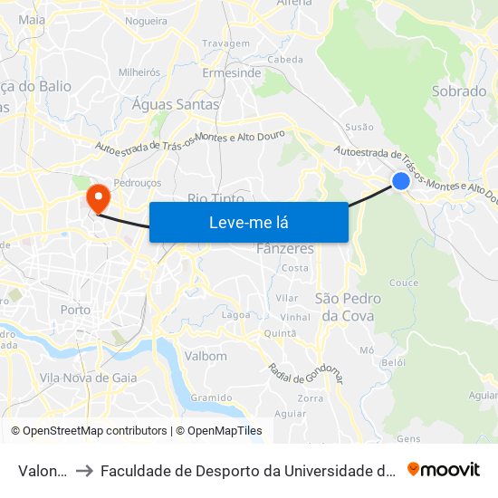 Valongo to Faculdade de Desporto da Universidade do Porto map