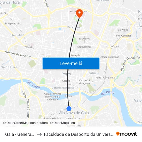 Gaia - General Torres to Faculdade de Desporto da Universidade do Porto map