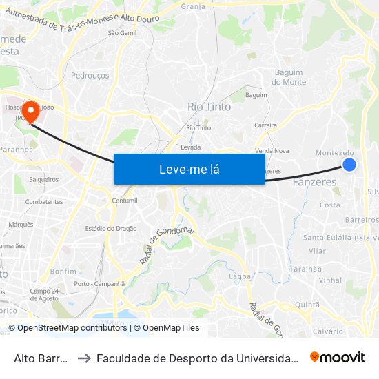 Alto Barreiros to Faculdade de Desporto da Universidade do Porto map