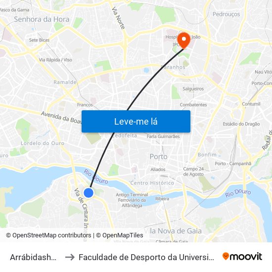 Arrábidashopping to Faculdade de Desporto da Universidade do Porto map