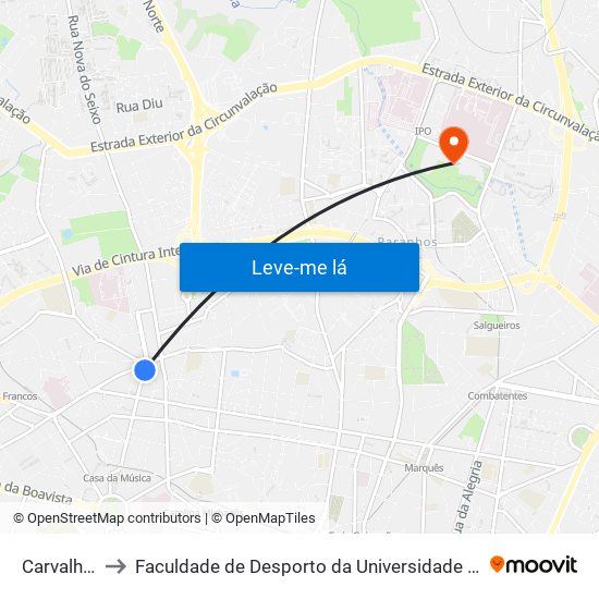 Carvalhido to Faculdade de Desporto da Universidade do Porto map