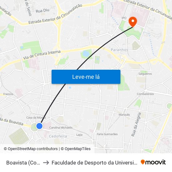 Boavista (Correios) to Faculdade de Desporto da Universidade do Porto map