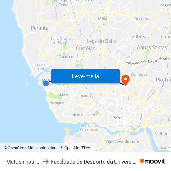 Matosinhos (Praia) to Faculdade de Desporto da Universidade do Porto map