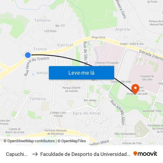 Capuchinhos to Faculdade de Desporto da Universidade do Porto map