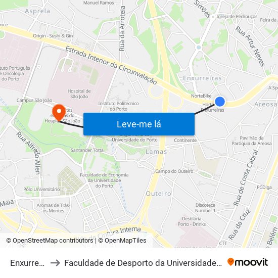 Enxurreiras to Faculdade de Desporto da Universidade do Porto map