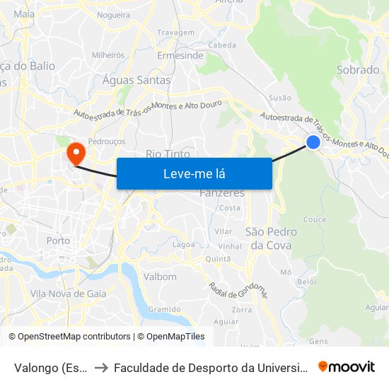 Valongo (Estação) to Faculdade de Desporto da Universidade do Porto map