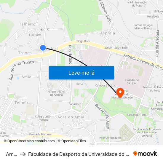 Amial to Faculdade de Desporto da Universidade do Porto map