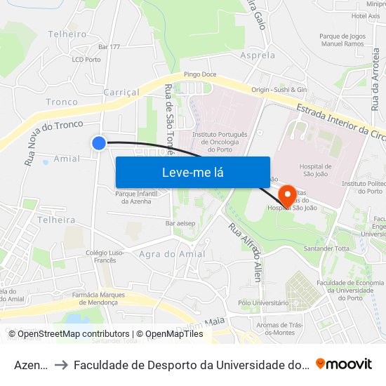 Azenha to Faculdade de Desporto da Universidade do Porto map