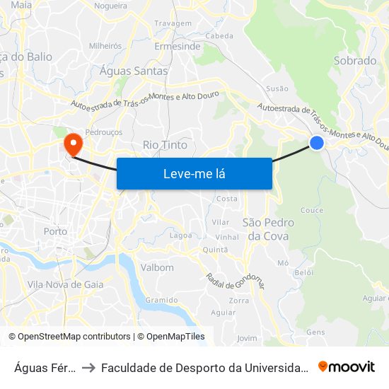 Águas Férreas to Faculdade de Desporto da Universidade do Porto map