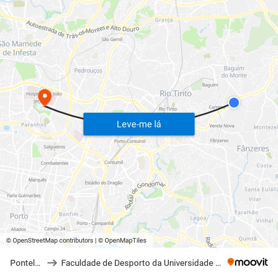 Pontelhas to Faculdade de Desporto da Universidade do Porto map