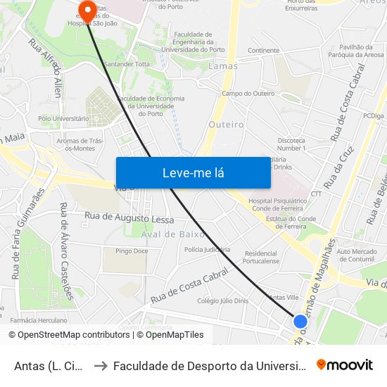 Antas (L. Cidadão) to Faculdade de Desporto da Universidade do Porto map