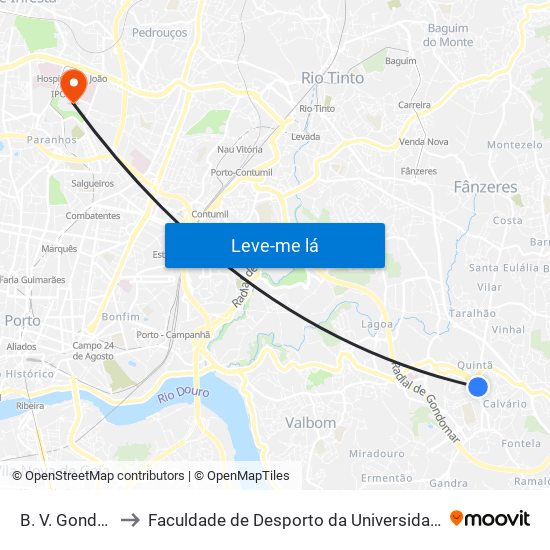 B. V. Gondomar to Faculdade de Desporto da Universidade do Porto map