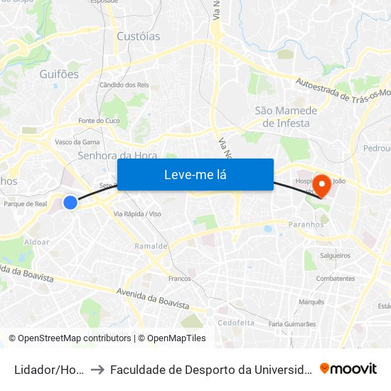 Lidador/Hospital to Faculdade de Desporto da Universidade do Porto map