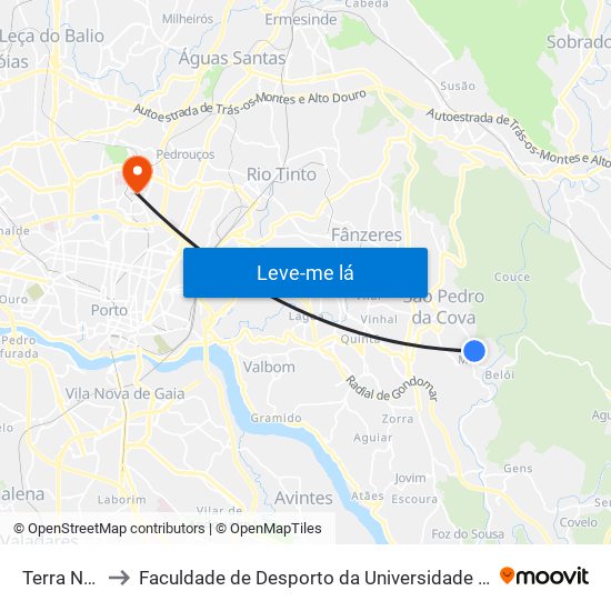 Terra Nova to Faculdade de Desporto da Universidade do Porto map