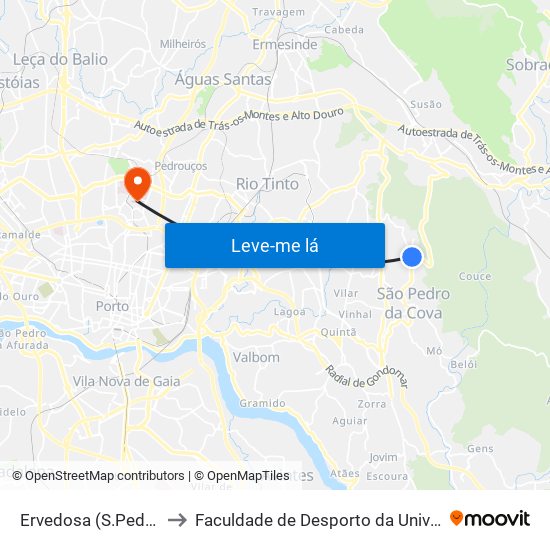Ervedosa (S.Pedro da Cova) to Faculdade de Desporto da Universidade do Porto map