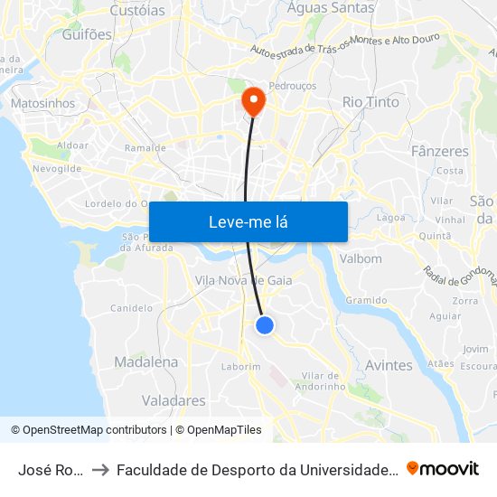 José Rocha to Faculdade de Desporto da Universidade do Porto map
