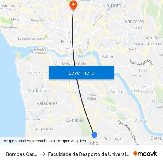 Bombas Carvalhos to Faculdade de Desporto da Universidade do Porto map