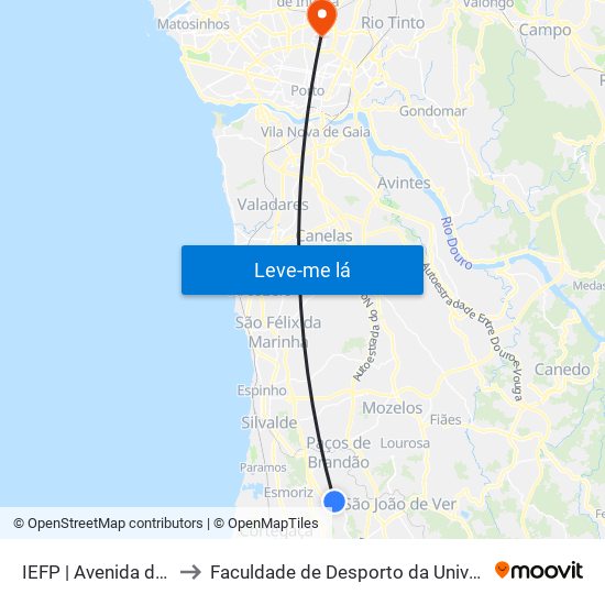 IEFP to Faculdade de Desporto da Universidade do Porto map