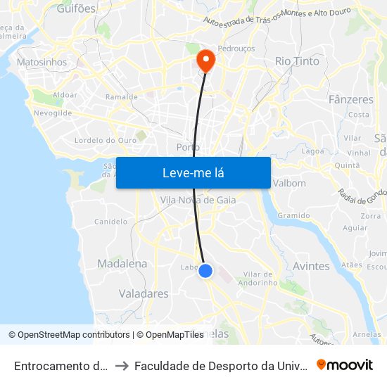 Entrocamento da Palmeira to Faculdade de Desporto da Universidade do Porto map