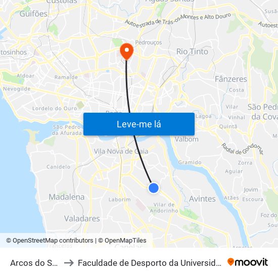 Arcos do Sardão to Faculdade de Desporto da Universidade do Porto map