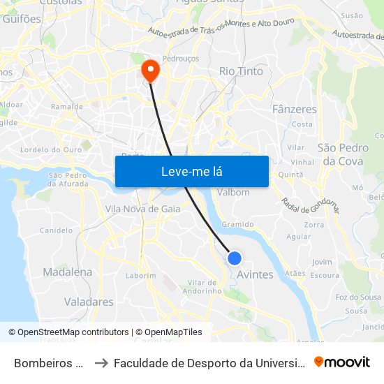 Bombeiros Avintes to Faculdade de Desporto da Universidade do Porto map