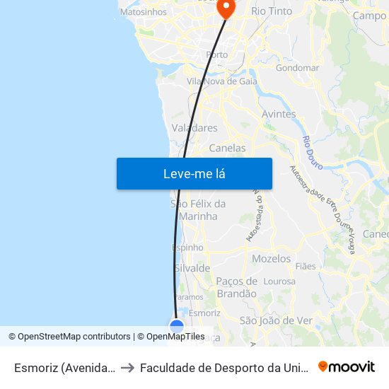 Esmoriz (Avenida da Praia 2) to Faculdade de Desporto da Universidade do Porto map