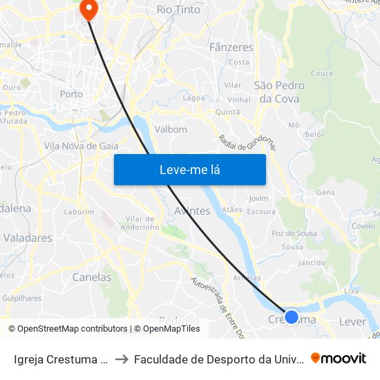Igreja Crestuma - Crestuma to Faculdade de Desporto da Universidade do Porto map