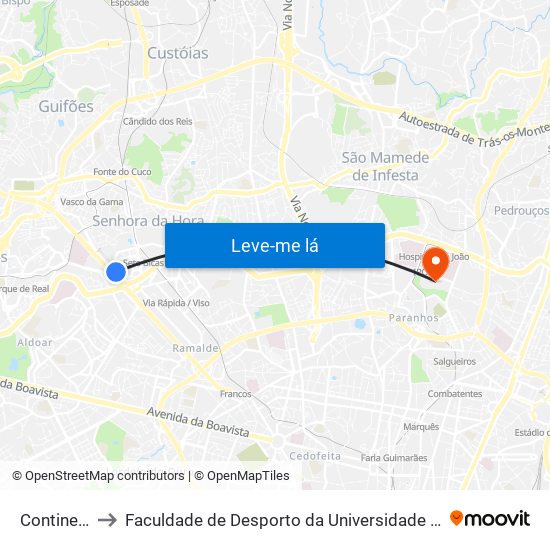 Continente to Faculdade de Desporto da Universidade do Porto map