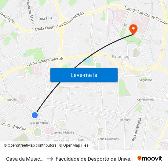 Casa da Música (Metro) to Faculdade de Desporto da Universidade do Porto map