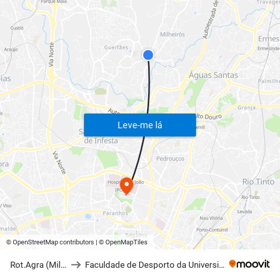 Rot.Agra (Milheirós) to Faculdade de Desporto da Universidade do Porto map