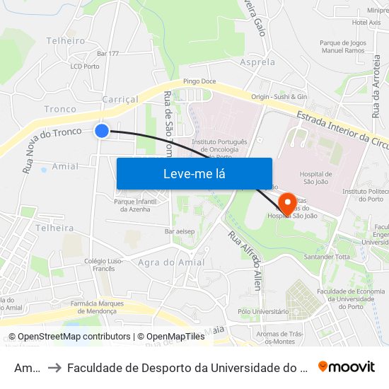 Amial to Faculdade de Desporto da Universidade do Porto map