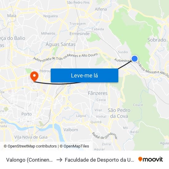 Valongo (Continente / Biblioteca) to Faculdade de Desporto da Universidade do Porto map